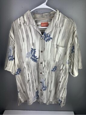 Tommy Bahama Gray & Blue Floral Short-Sleeve Camp Silk Hawaiian Shirt
